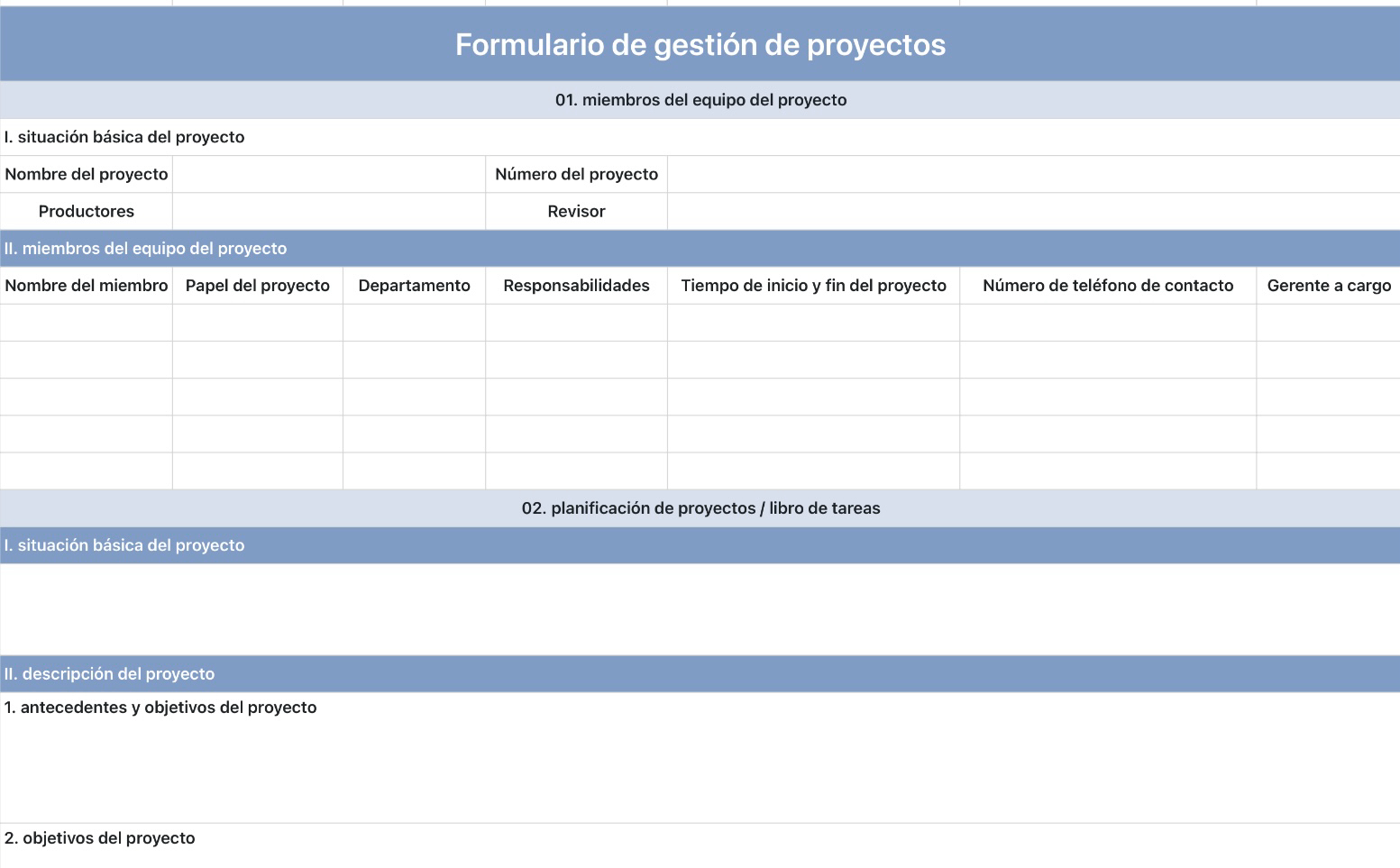 Formulario de gestión de proyectos